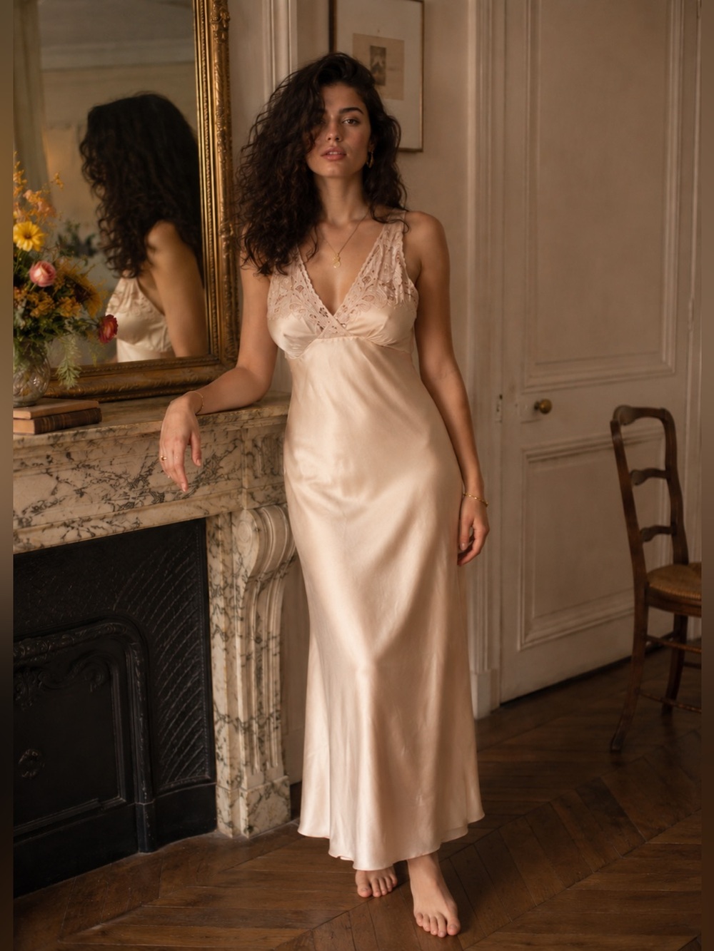 Silk Embroidered Bias Cut Maxi Dress Nightgown Soft Peach